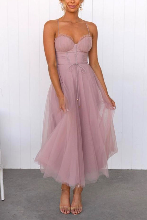 Meridress Backless Tie Waist Mesh Swing Maxi Cami Dress