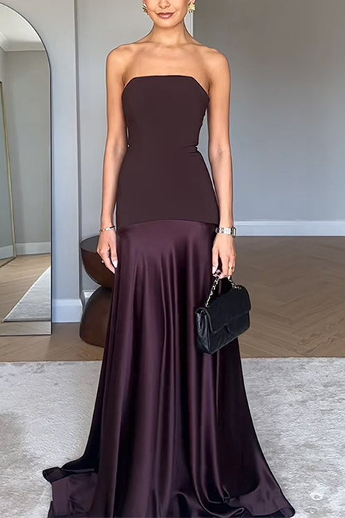 Meridress Strapless Satin Patchwork Flare Maxi Dress