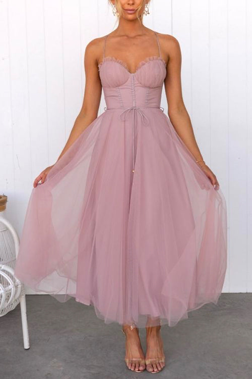 Meridress Backless Tie Waist Mesh Swing Maxi Cami Dress