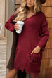 Drop Shoulder Long Sleeves Pocketed Fringe Mini Sweater Dress