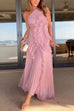 Meridress Strappy Halter Neck Ruffle Trim Asymmetric Hem Pleated Maxi Dress