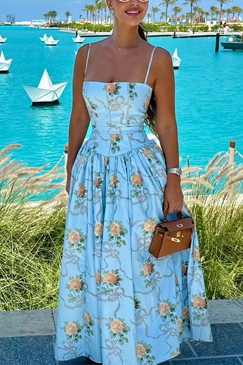 Meridress Spaghetti Strap Waisted Floral Print A-line Maxi Dress