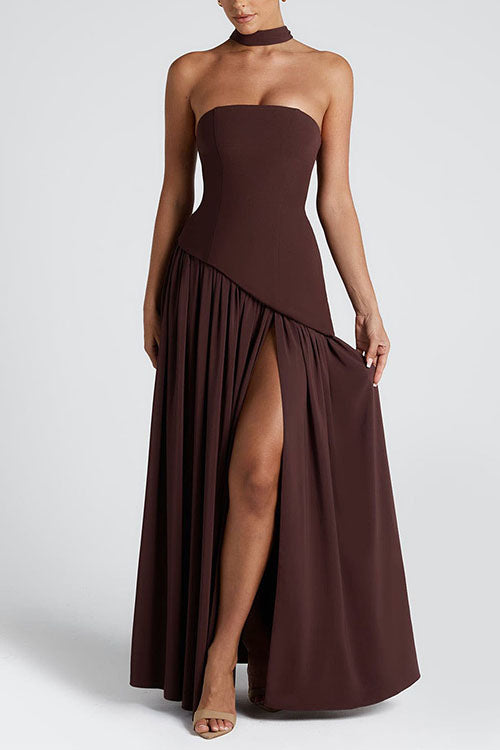 Meridress Strapless Back Lace-up High Slit Splice Maxi Dress