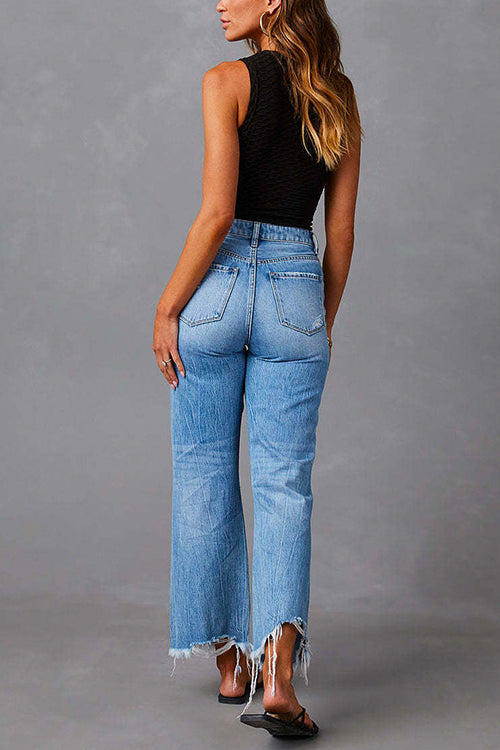 Meridress Raw Hem Ripped Flare Bottoms Denim Pants
