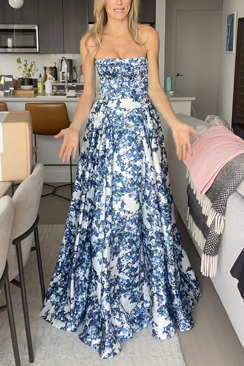 Meridress Strapless Back Lace-up Print Maxi Party Dress