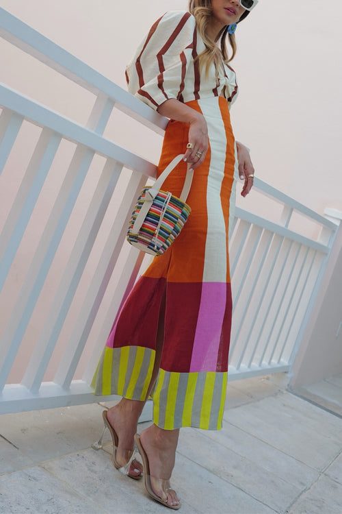 Meridress Knot Front Cut Out Puff Sleeves Side Slit Printed Midi Dress