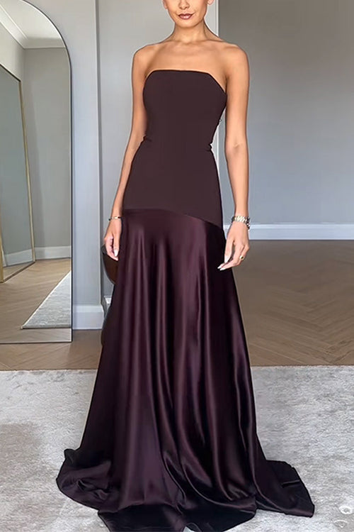 Meridress Strapless Satin Patchwork Flare Maxi Dress