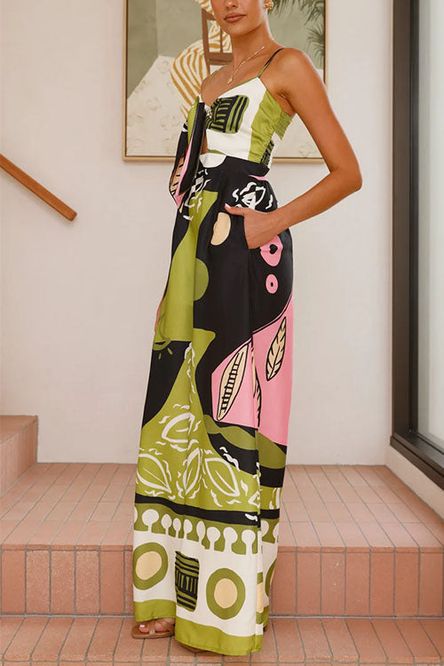 Meridress Tie Front Cut Out Wide Leg Printed Cami Jumpsuit