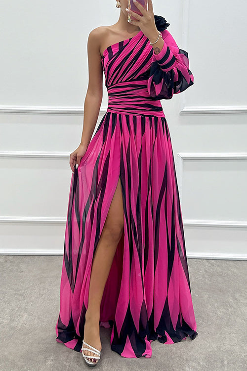 Meridress One Shoulder Waisted Slit Printed Maxi Dress
