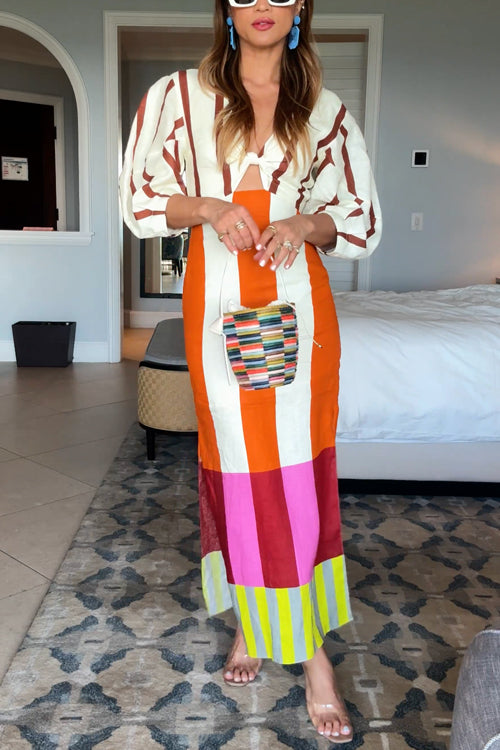 Meridress Knot Front Cut Out Puff Sleeves Side Slit Printed Midi Dress