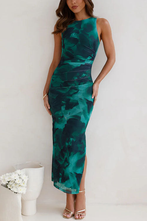 Meridress Sleeveless Side Slit Printed Bodycon Midi Dress