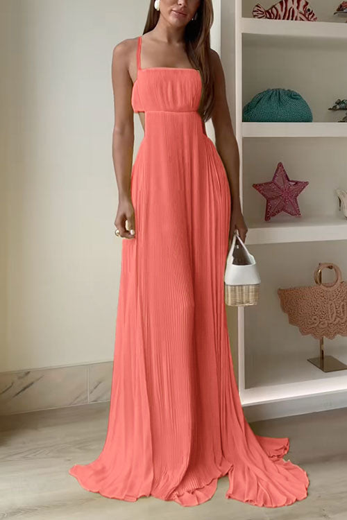Meridress Spaghetti Strap Back Cut Out Pleated Maxi Dress
