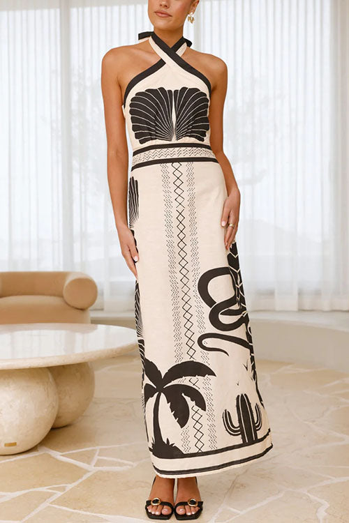 Meridress Palm Canyon Print Criss Cross Halter Maxi Dress