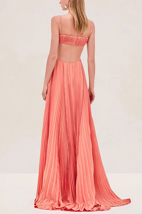 Meridress Spaghetti Strap Back Cut Out Pleated Maxi Dress