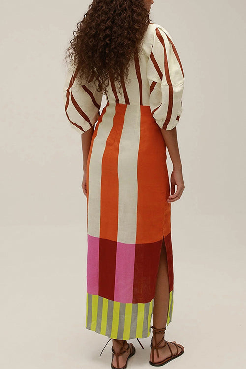 Meridress Knot Front Cut Out Puff Sleeves Side Slit Printed Midi Dress