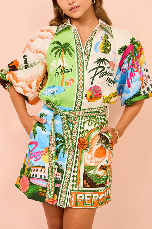 Meridress Lantern Sleeves Tie Waist Cotton Linen Resort Print Shirt Dress