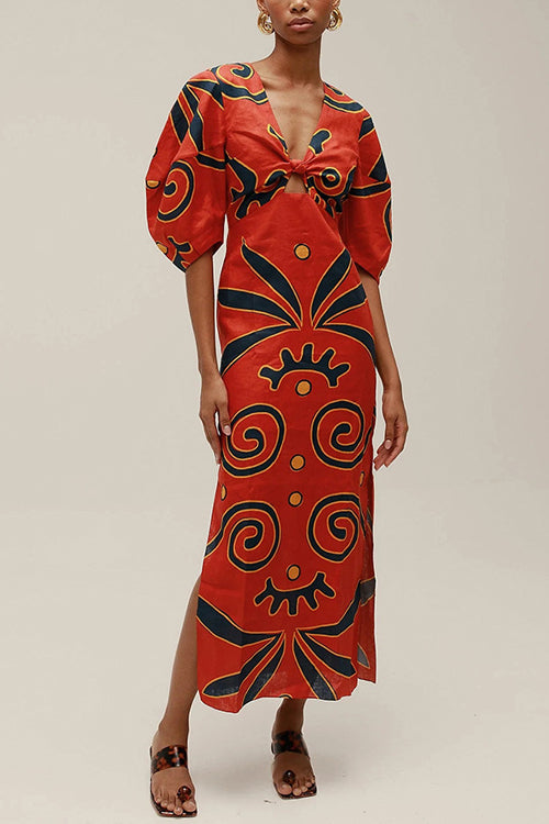 Meridress Knot Front Cut Out Puff Sleeves Side Slit Printed Midi Dress