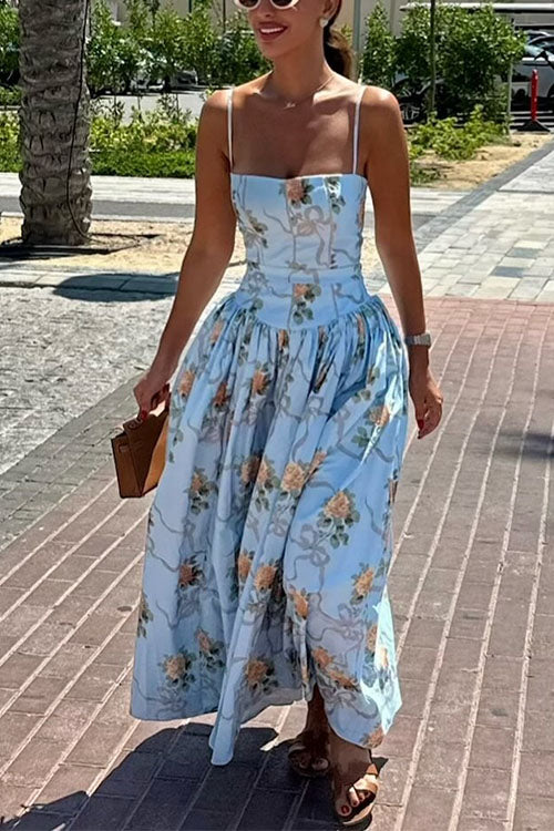 Meridress Spaghetti Strap Waisted Floral Print A-line Maxi Dress