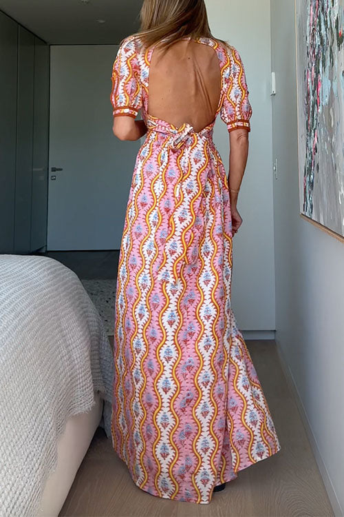 V Neck Short Sleeves Backless Printed Maxi Dress