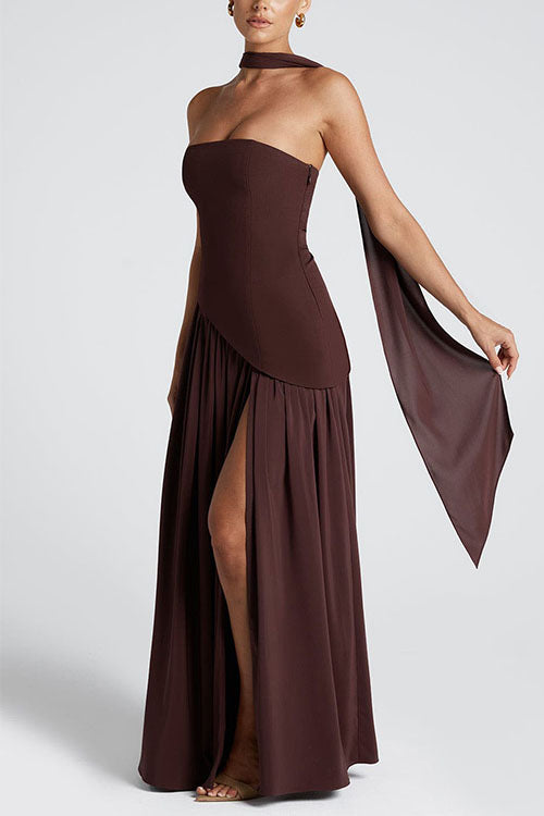 Meridress Strapless Back Lace-up High Slit Splice Maxi Dress