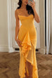 Meridress Spaghetti Strap Frill Trim Draped Slit Maxi Dress
