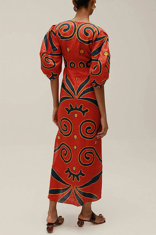 Meridress Knot Front Cut Out Puff Sleeves Side Slit Printed Midi Dress