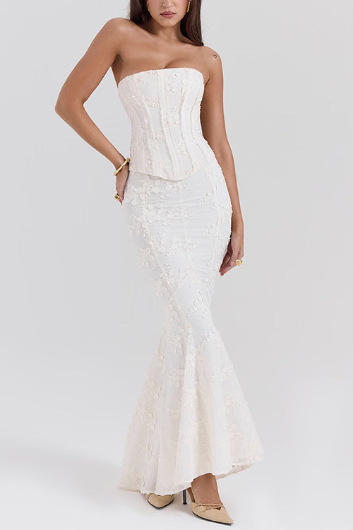 Meridress Embroidered Strapless Corset and Bodycon Maxi Mermaid Skirt Set