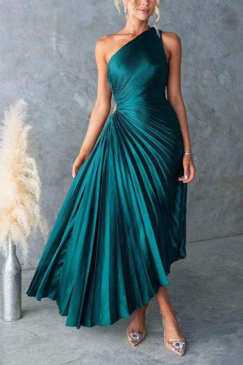 Meridress One Shoulder Cut Out Waist Pleated Satin Maxi Dress