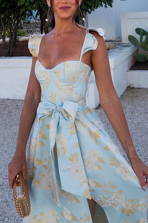 Meridress Ruffled Shoulder Bow Knot Waist Slit Printed Vintage Party Dress