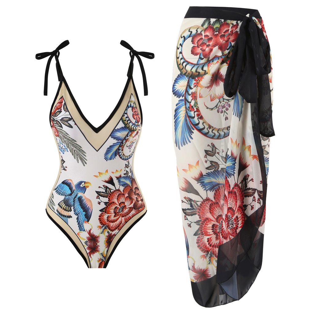 Meridress Floral Print V Neck Tie Shoulder One-piece Swimwear and Wrap Cover Up Skirt Set