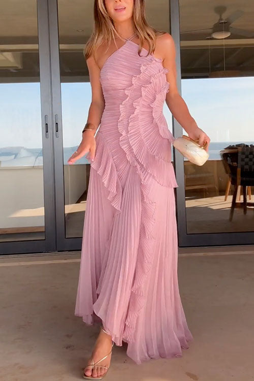 Meridress Strappy Halter Neck Ruffle Trim Asymmetric Hem Pleated Maxi Dress