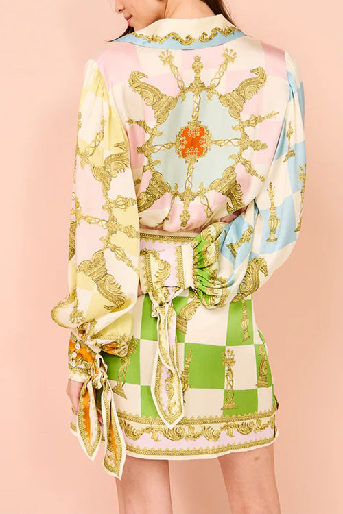 Meridress Long Sleeves Button Up Tie Waist Unique Print Wrap Mini Dress