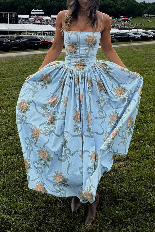 Meridress Spaghetti Strap Waisted Floral Print A-line Maxi Dress