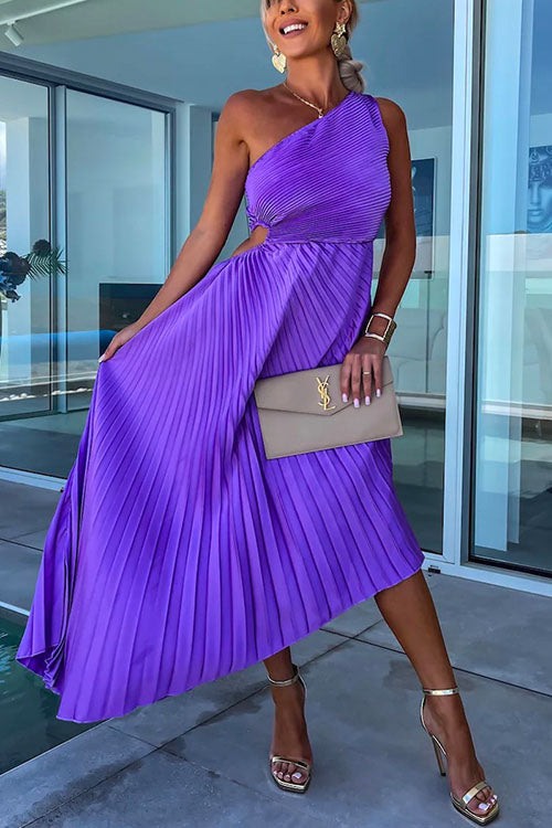 Meridress One Shoulder Cut Out Waist Irregular Pleated Party Dress
