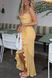 Meridress Spaghetti Strap Frill Trim Draped Slit Maxi Dress