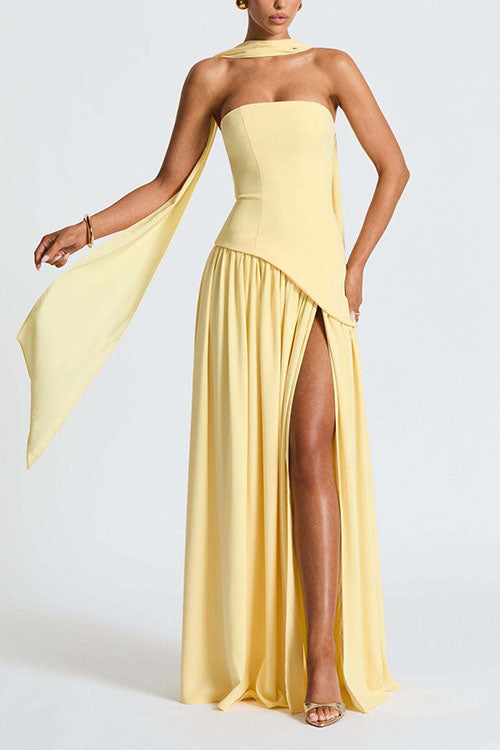 Meridress Strapless Back Lace-up High Slit Splice Maxi Dress