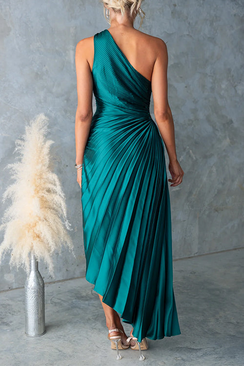 Meridress One Shoulder Cut Out Waist Pleated Satin Maxi Dress