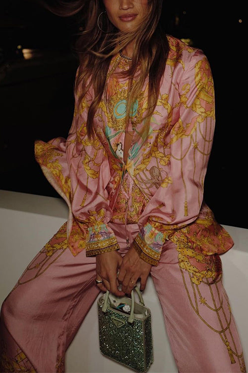 Meridress Unique Print Lantern Long Sleeves Blouse Shirt and Wide Leg Pants Holiday Outfit Set