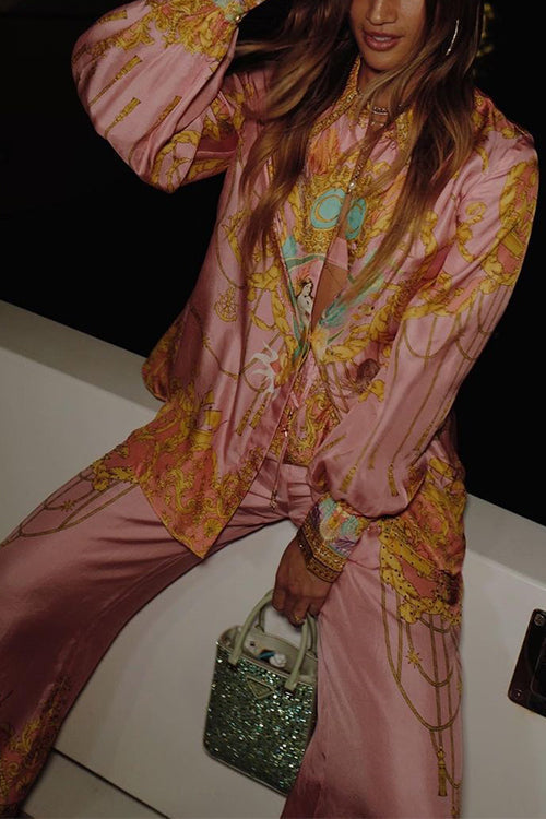 Meridress Unique Print Lantern Long Sleeves Blouse Shirt and Wide Leg Pants Holiday Outfit Set