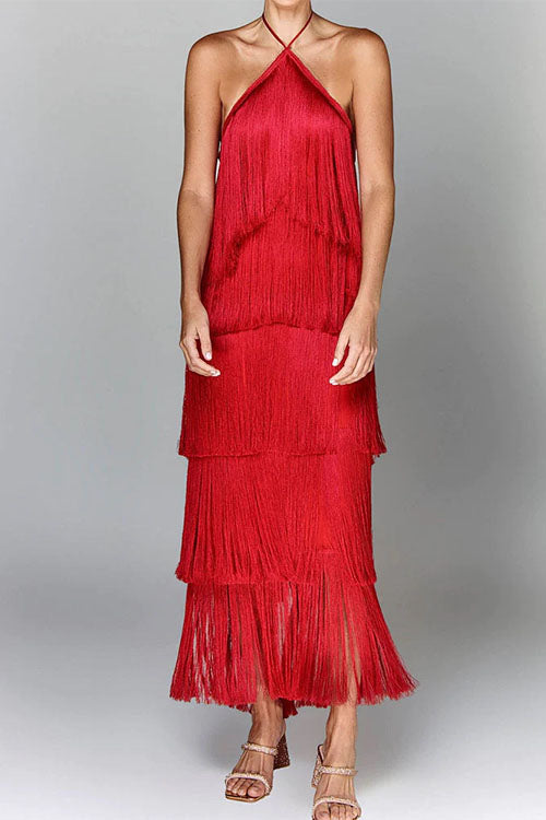 Meridress Chicest Halter Ruffle Layered Fringe Maxi Party Dress