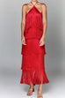 Meridress Chicest Halter Ruffle Layered Fringe Maxi Party Dress