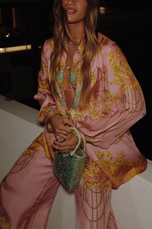 Meridress Unique Print Lantern Long Sleeves Blouse Shirt and Wide Leg Pants Holiday Outfit Set