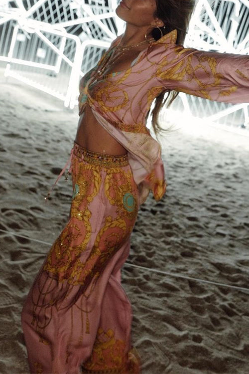 Meridress Unique Print Lantern Long Sleeves Blouse Shirt and Wide Leg Pants Holiday Outfit Set