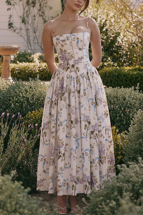 Meridress Spaghetti Strap Floral Print Bustier A-line Maxi Dress