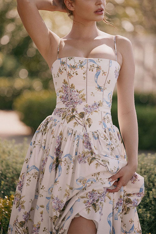 Meridress Spaghetti Strap Floral Print Bustier A-line Maxi Dress
