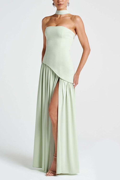 Meridress Strapless Back Lace-up High Slit Splice Maxi Dress