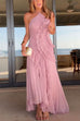Meridress Strappy Halter Neck Ruffle Trim Asymmetric Hem Pleated Maxi Dress