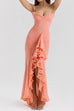 Meridress Spaghetti Strap Frill Trim Draped Slit Maxi Dress