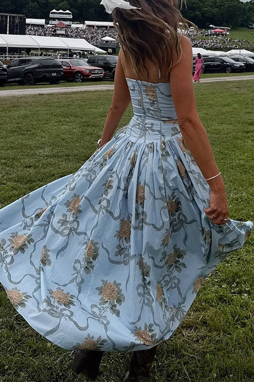 Meridress Spaghetti Strap Waisted Floral Print A-line Maxi Dress