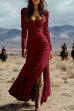 Meridress U Neck Buttop Up Long Sleeves Ruffle Slit Maxi Dress